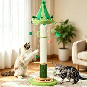 51 Inch Extra Tall Cat Scratching Post Heavy Duty Thick Sisal Scratcher for Indoor Cats, Luxury Carousel Shape Stable Tree with Interactive Wood Ball, 2 Peppermint Toys & Self-Groomer Brush