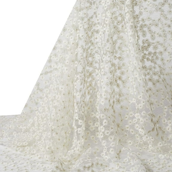 51 Inch Flower Embroidered Tulle Lace Fabric Polyester 3D Embroidery Floral Daisy Mesh Yarn Sheer Voile Fabric By the Yard for Sewing Making Crafts Clothes Dresses Wedding Costume Diy Supply Linen