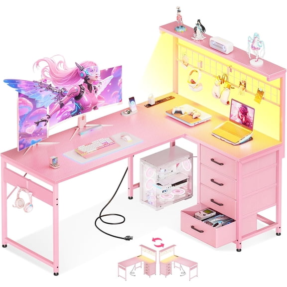 51-Inch L-Shaped Gaming Desk with Hutch, 4 Drawers, LED Lights, Power Outlets, and USB Ports, Reversible Corner Computer Table, Pink