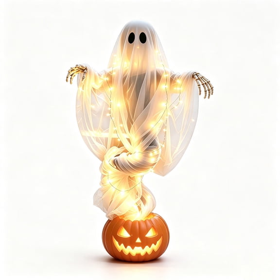 51 Inch Light Up Floating Ghost Pumpkin, Gauzy Halloween Ghost with Glowing Pumpkin Head and Skeleton Hands, Outdoor Decor for Yard Porch Party