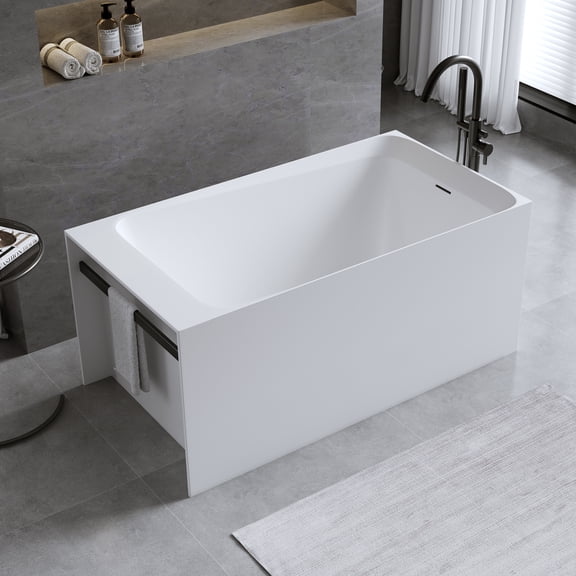 51 Inch Matte White Solid Surface Freestanding Bathtub, Rectangular Stone Resin Soaking Tub with Towel Bar, Overflow & Pop-up Drain, Stand Alone Bath Tub