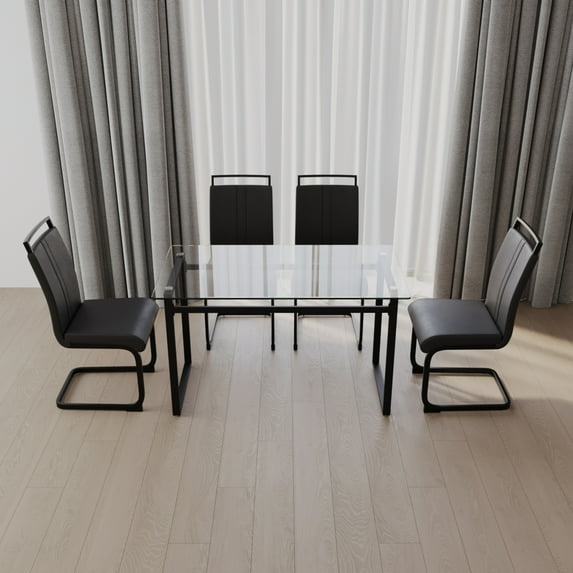 51-Inch Modern Tempered Glass Dining Table Set for 4 with Reinforced Black Metal Legs & Space-Saving PU Chairs (Ergonomic Design, Apartment-Friendly for Kitchen/Dining)