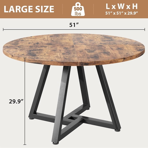 51 Inch Round Dining Table for 6-8 People, Rustic Brown Industrial Kitchen Table with Pedestal Metal Frame