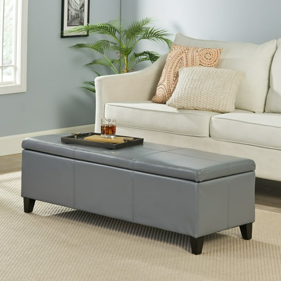 51 Inch Storage Ottoman Bench, Rectangle Entryway Shoe Bench, Modern PU Storage Bench for Bedroom/Living Room, Grey