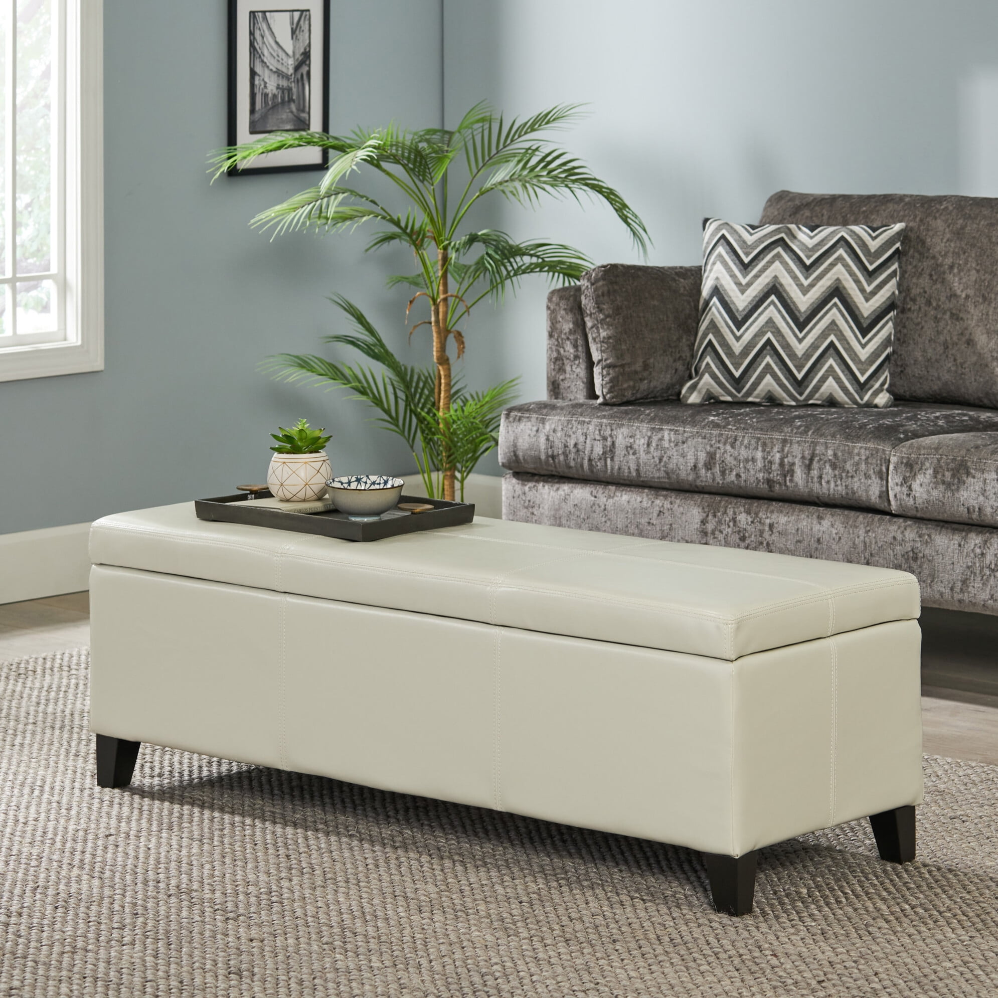 51 Inch Storage Ottoman Bench, Rectangle Entryway Shoe Bench, Modern PU ...