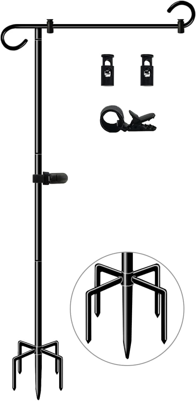 51 Inch Tall Garden Flag Stand Holder with 5 Prong base, Yard Pole for 12x18 Outdoor Small Decor Two Spring Stoppers and a Tiger clip, 1 Pack