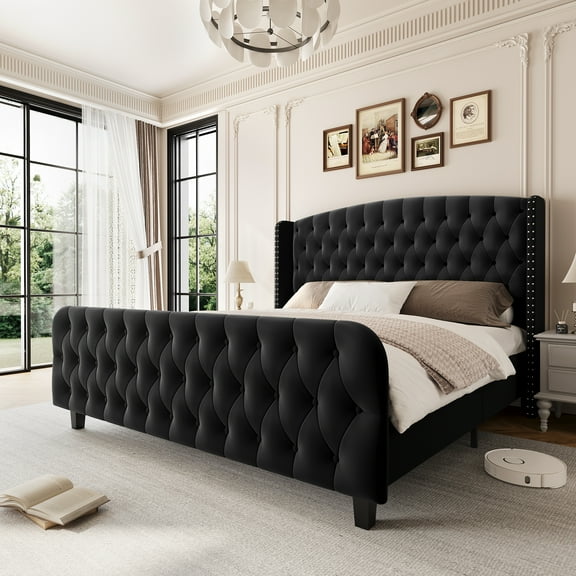 51-Inch Tall King Size Bed Frame, Modern Button Tufted Suede with Wingback Headboard & Footboard, Sturdy Wood Slat Support, Noise-Free,Black
