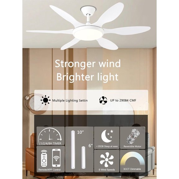 51 Inch White Ceiling Fan with Light and Remote Control, Reversible Motor, 3CCT Dimmable LED, Quiet Operation for Bedroom Living Room