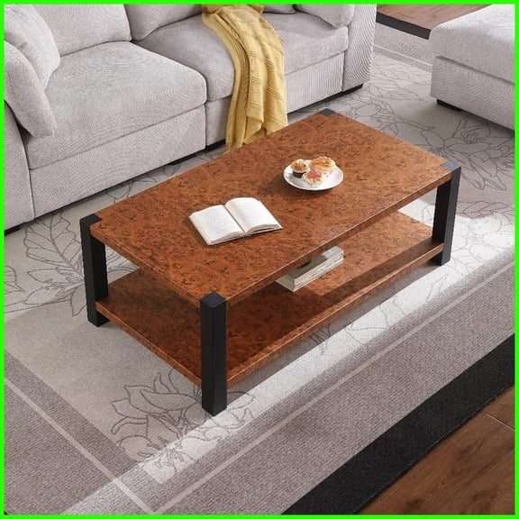51-Inch Wide Rectangular Burl Wood Grain Metal Coffee Table - Matte Black Double-Layer Living Room Table with Extra Storage