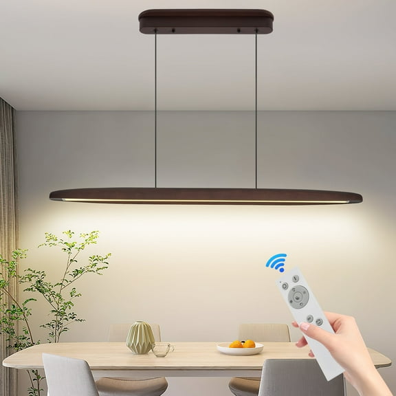 51 Inch Wood Linear Pendant Light Dimmable LED Fixture with Remote for Dining Room Kitchen Island