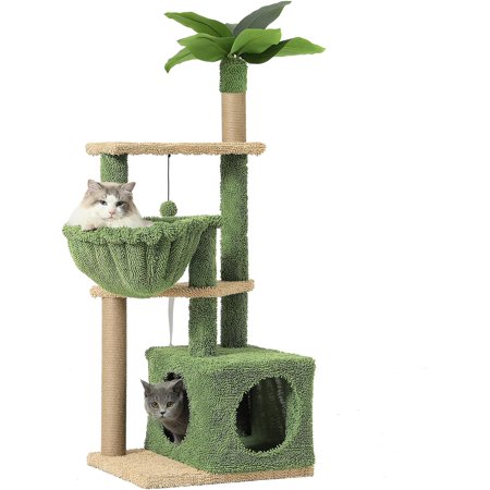 51 Inches Cat Tree, Multi-Level Cat Tower with Large Hammock, Climbing Activity Tree with Artificial Palm Leaves, Cat Condo, Sisal Scratching Posts, Hanging Ball