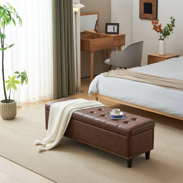 51 Inches Footstool with Hidden Storage, Ottoman Bench with Wooden Legs