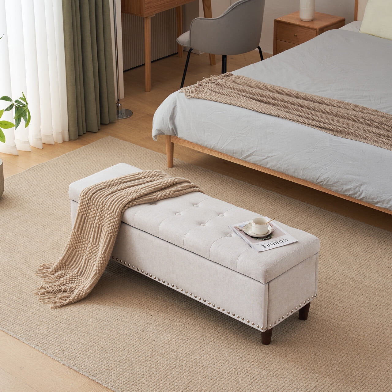 51 Inches Storage Ottoman Bench Linen Foot Rest Stool with Nailhead