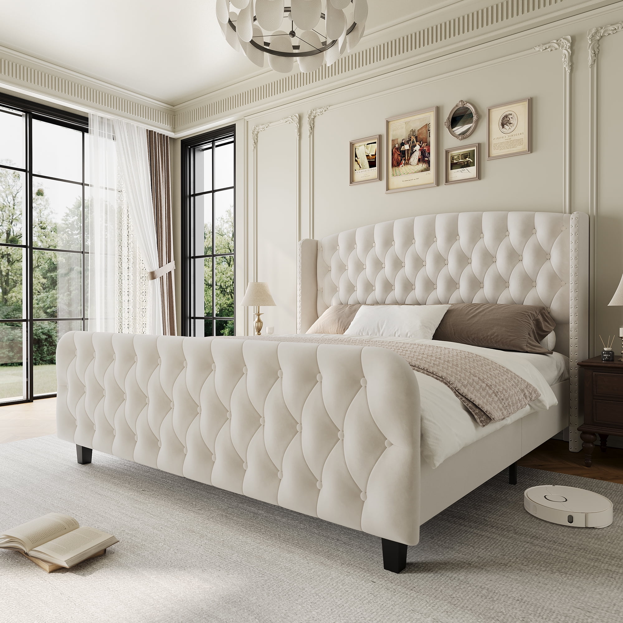 51" King Size Bed Frame with Button Tufted Wingback Headboard and Footboard Velvet Upholstered Platform Bed with Wood Supports No Box Spring Needed, Noise Free Easy Assemble