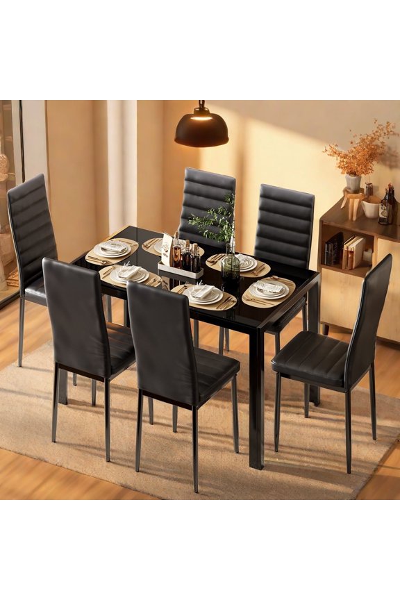 51" Kitchen Table Set for 6 People, 7-Piece Large Dining Table Set with 6 Chairs, Modern Dining Room Table, Black