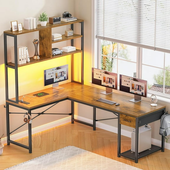 51" L Shaped Desk wtih Power Outlets and Storage, Reversible Gaming Desk with Drawer and Open Shelves, Small Computer Desk Corner Desk with LED Lights for Home Office, Bedroom, Rustic Brown
