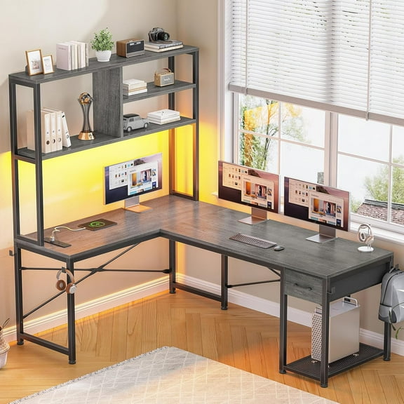 51" L Shaped Desk wtih Power Outlets and Storage, Reversible Gaming Desk with Drawer and Open Shelves, Small Computer Desk Corner Desk with LED Lights for Home Office, Bedroom, Small Space, Grey
