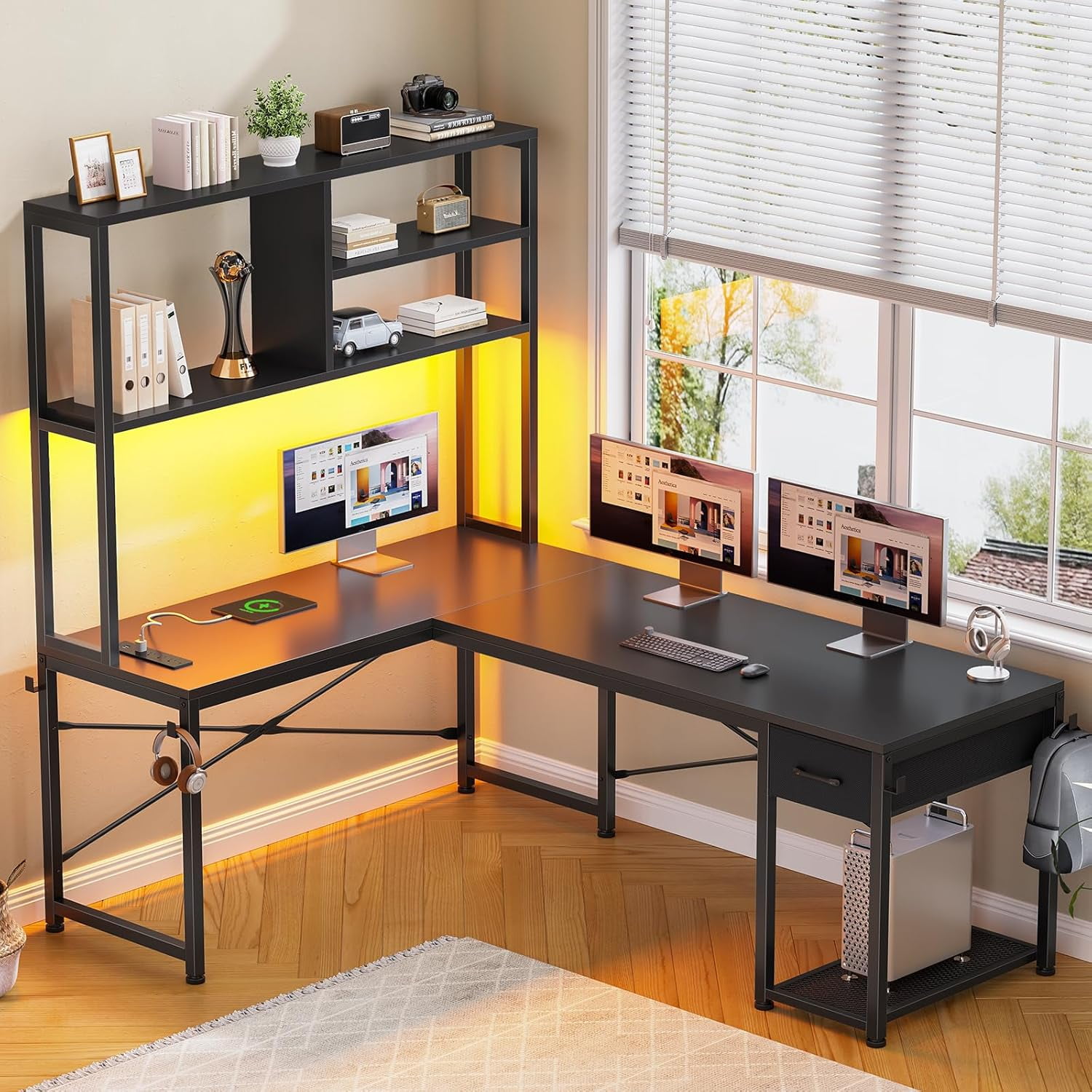 51" L Shaped Desk wtih Power Outlets and Storage, Reversible Gaming Desk with Drawer and Open Shelves, Small Computer Desk Corner Desk with LED Lights for Home Office, Bedroom, Small Space, Black
