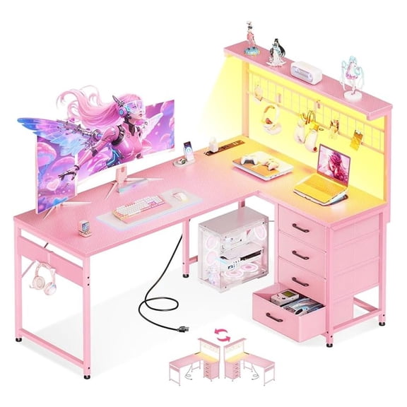 51 Large L Shaped Gaming Desk, Corner Computer Table with Shelf & Hutch, 4 Drawers, Reversible Study Desk with LED Light, Power Outlets & USB Ports, Home Office Table, Carbon Fiber Pink