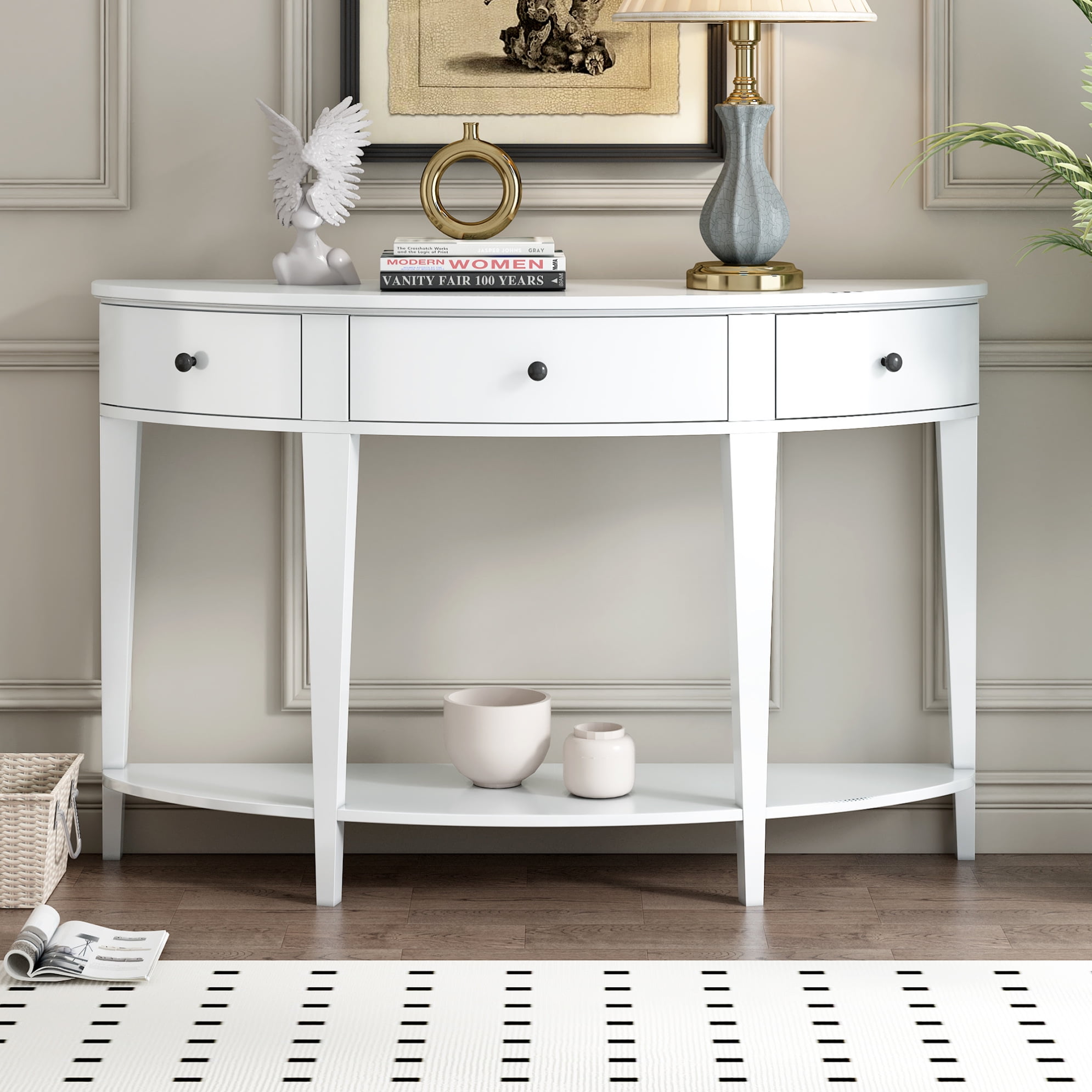 51" Modern Curved Console Table, Solid Wood Half Moon Sofa Table with 3 Drawers and Open Bottom