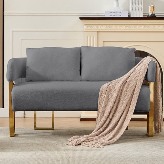 51" Modern Loveseat Sofa with Golden Square Leg Design, Teddy Upholstered Couches, Small Sofa Couch for Living Room, Small Space, Dorm, Office, Bedroom, Grey