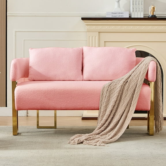 51" Modern Loveseat Sofa with Golden Square Leg Design, Teddy Upholstered Couches, Small Sofa Couch for Living Room, Small Space, Dorm, Office, Bedroom, Pink