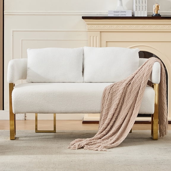 51" Modern Loveseat Sofa with Golden Square Leg Design, Teddy Upholstered Couches, Small Sofa Couch for Living Room, Small Space, Dorm, Office, Bedroom, White
