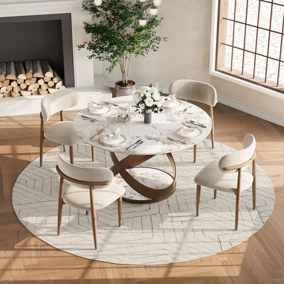 51" Modern Luxury Round Dining Table for 4, Glossy Pandora Sintered Stone Round Table, Bronze X Carbon Steel Base