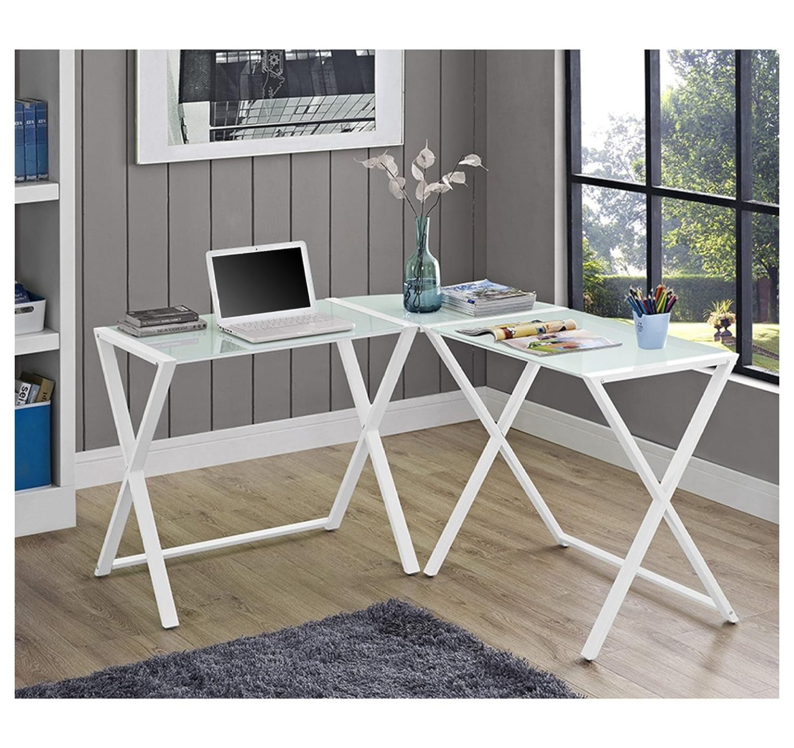 51'' White Glass Corner Computer Desk with Keyboard Tray