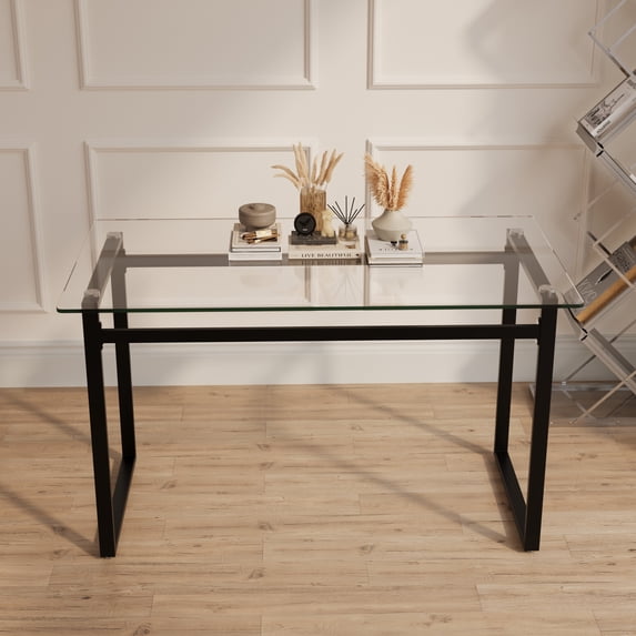 51" Modern Minimalist Rectangular Glass Dining Table, for 4-6 People, 0.31" Tempered Glass Top, Black Chrome Metal Legs, Also Writing Desk, for Kitchen/Dining/Living Room