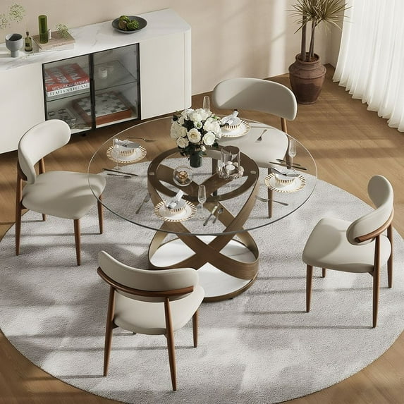POVISON-51"Modern Round Glass Dining Table for 4, Tempered Glass Circle Dining Room Table for Kitchen, Transparent Glass Kitchen Table, Bronze X Carbon Steel Base