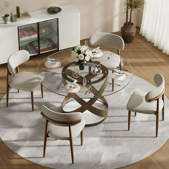 POVISON-51"Modern Round Glass Dining Table for 4, Tempered Glass Circle Dining Room Table for Kitchen, Transparent Glass Kitchen Table, Bronze X Carbon Steel Base