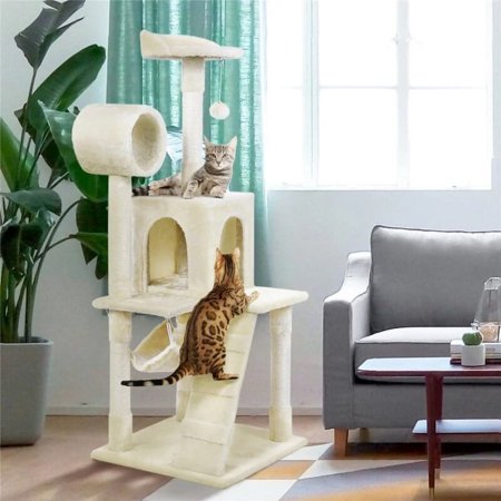 51'' Multilevel Cat Towers, Hammock Tunnel Scratching Post Beige