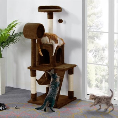 51'' Multilevel Cat Towers, Hammock Tunnel Scratching Post Brown