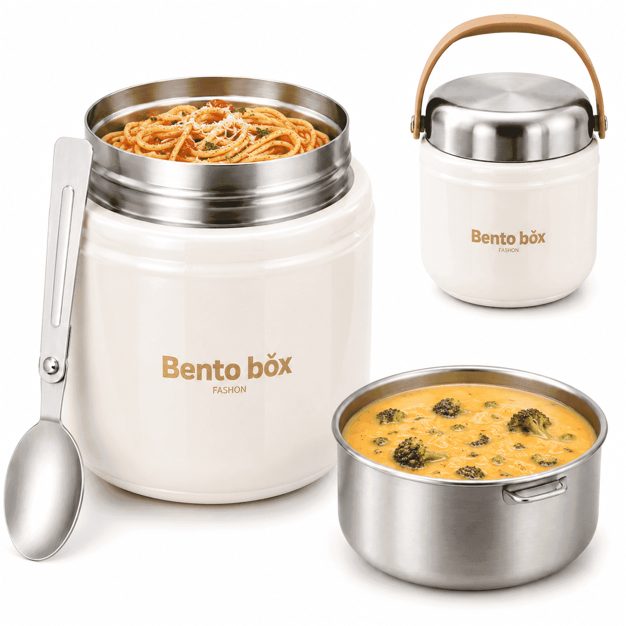 51 OZ Insulated Lunch Box, Wide-Mouth Leak-Proof Soup Container for Adults, Includes Foldable Spoon, Ivory White