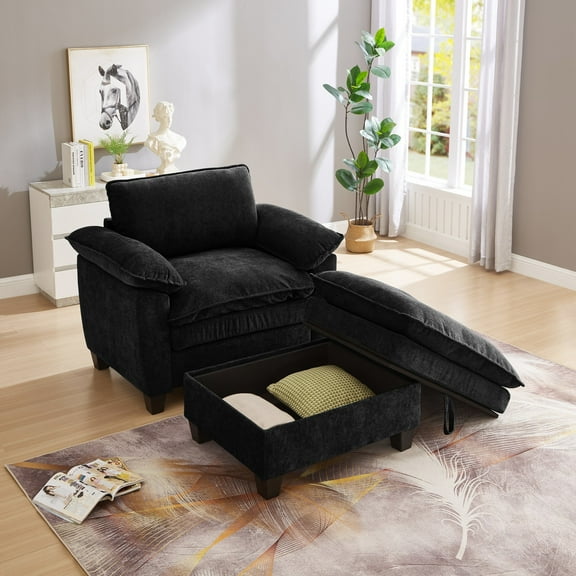 51" Oversize Chaise Lounge Chair with Ottoman and Storage Upholstered Soft Chenille (Black)