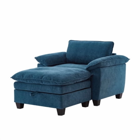 51" Oversize Chaise Lounge Chair with Ottoman and Storage Upholstered Soft Chenille (Blue)