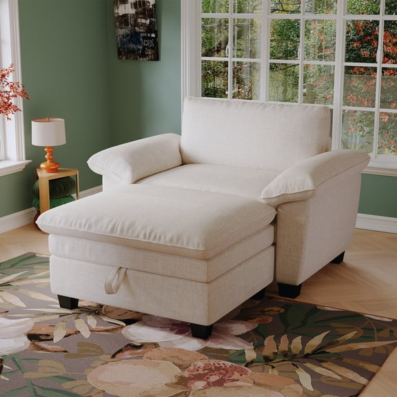 51’’ Oversized Lounge Chair with Storage Space, Teddy Sofa with Multifunctional Storage and Plush Chenille Fabric, for Living Room, Balcony, Nap, Beige