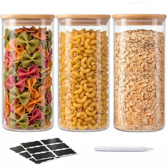 51 Oz Glass Storage Jars with - 3 Pack Clear Glass Canisters Square Airtight Stackable Ideal for Pantry Storage Containers for Storing Oats Coffee Beans Pasta Flour Rice etc