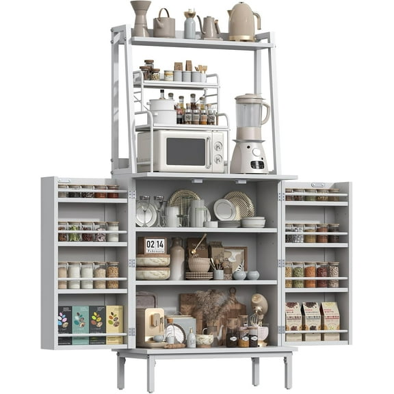51” Pantry Cabinets with Microwave Shelves, Freestanding Kitchen Pantry Storage Cabinet with Adjustable Shelves, Buffet Cupboards Storage Cabinet for Kitchen, Dining Room, Living Room Use (White)