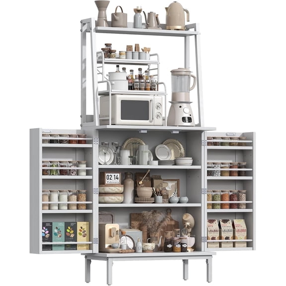 51” Pantry Cabinets with Microwave Shelves, Freestanding Kitchen Pantry Storage Cabinet with Adjustable Shelves, Buffet Cupboards Storage Cabinet for Kitchen, Dining Room, Living Room Use (White)