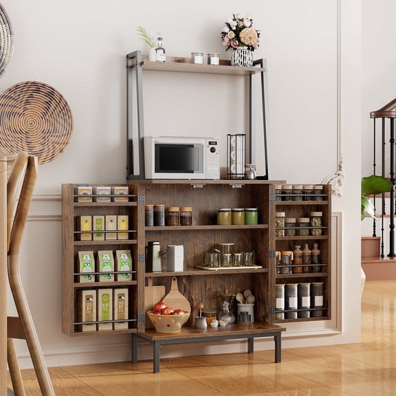 ETASE 51” Pantry Cabinets with Microwave Shelves, Freestanding Kitchen Hutch with Adjustable Shelves, Buffet Cupboards Storage Cabinet for Kitchen, Dining Room, Living Room (Brown)