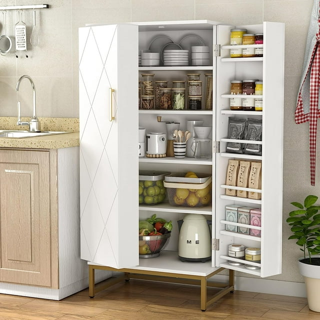 51” Pantry Cabinets, White Freestanding Kitchen Pantry Storage Cabinet ...