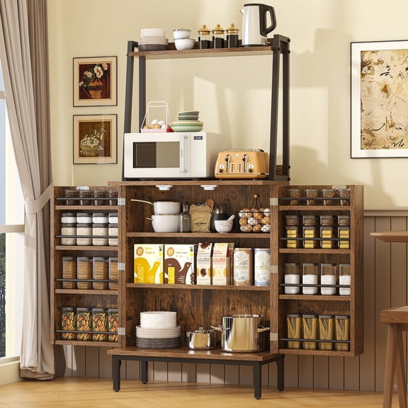 51” Pantry Cabinets with Microwave Shelves, Freestanding Kitchen Storage with Adjustable Shelves, Buffet Cupboards for Dining Living Room Use (Brown)