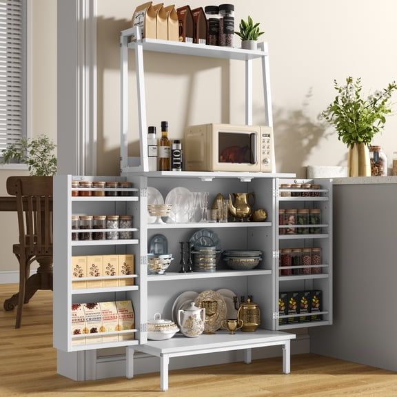 51” Pantry Cabinets with Microwave Shelves, Freestanding Kitchen Storage with Adjustable Shelves, Buffet Cupboards for Dining Living Room Use (White)