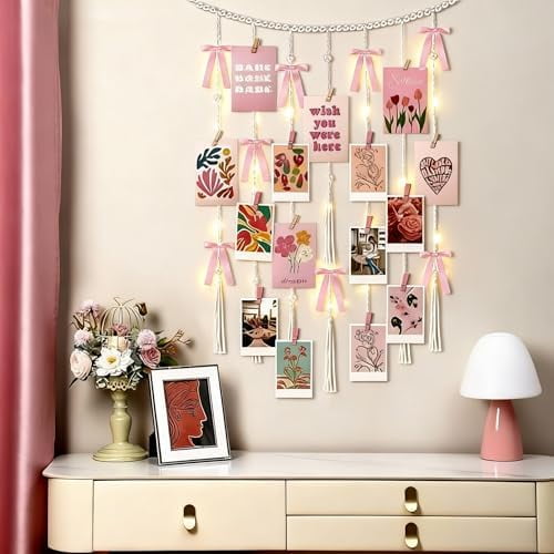 51 Pcs Pink Bow Hanging Photo Display Wall Decor with Lights Clips Boho Pearl Garland Photo String Collage Pink Bow Picture Frame for Room Bedroom Graduation Wedding Christmas Coquette Decor