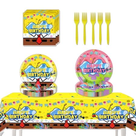 JMOCD 51Pcs Yellow SpongeBob SquarePants Party Tableware Set, Birthday Party Supplies Decorations Set, Tablecloth,Plates, Napkins,Cutlery,10 Guests