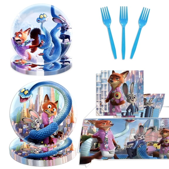 51-Piece Cartoon Zootopia Anime Birthday Party Decoration Set Fox, Rabbit, and Snake Movie Theme Disposable Cutlery Set, including paper plates, napkins, forks, and a waterproof plastic tablecloth.