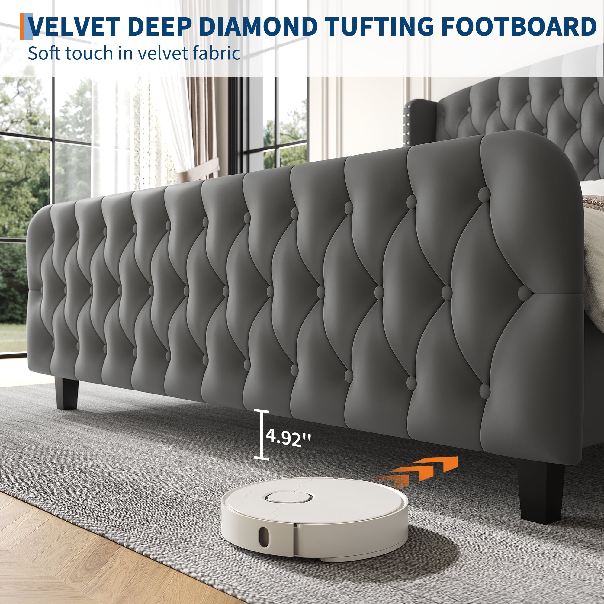 51" Queen Size Bed Frame with Button Tufted Wingback Headboard and Footboard Velvet Upholstered Platform Bed with Wood Supports No Box Spring Needed, Noise Free Easy Assemble