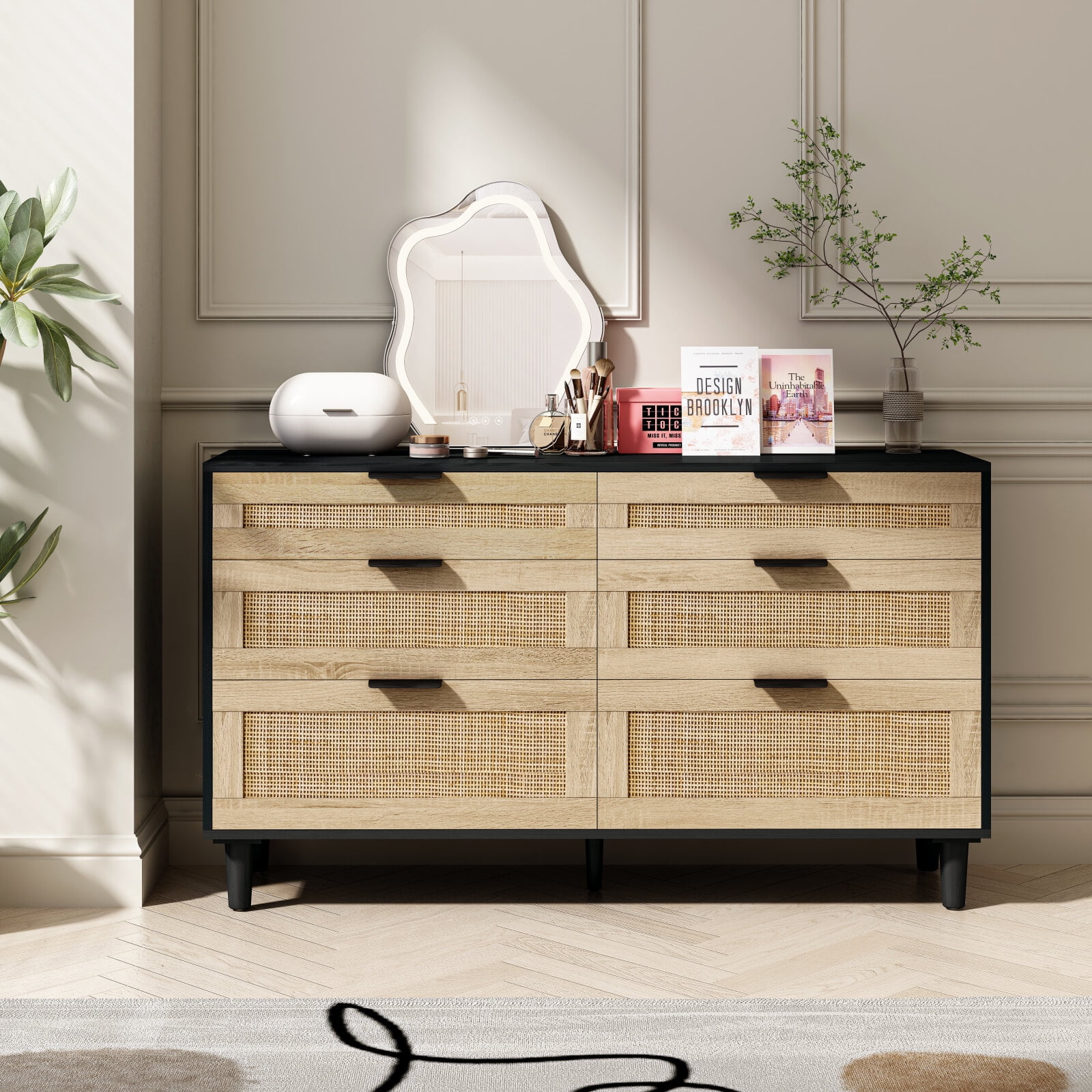 51" Rattan Dresser with 6 Drawer Dresser for Bedroom, Wood Clothes ...